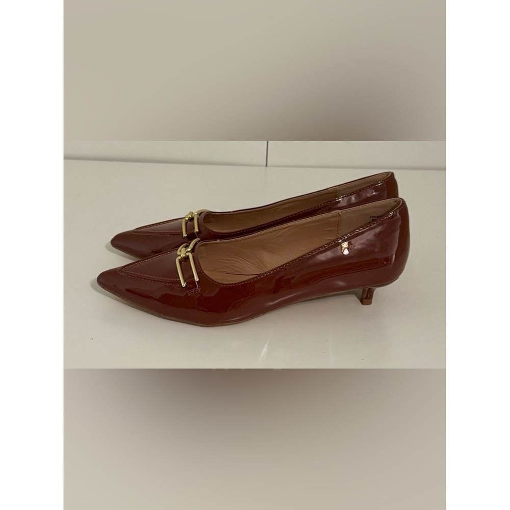 Journee Collection Rumi Women Brown Patent Pointed Toe Kitten Heel Pumps Size 11 - Picture 8 of 12